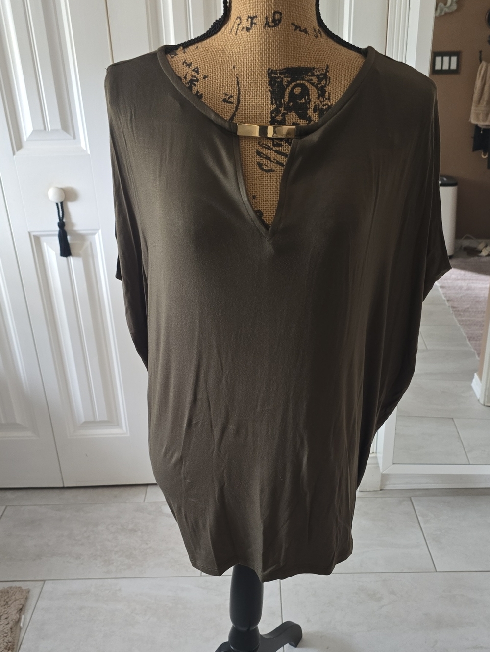 Michael Kors Olive Green V-Neck Tunic with Gold Accent Bar